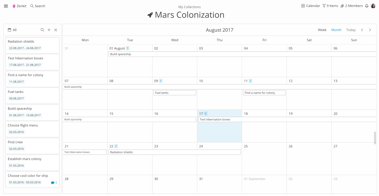 calendar view in a zenkit collection