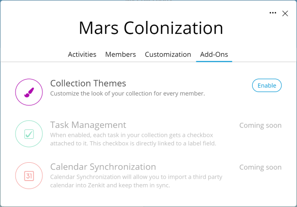 screenshot of collection add-ons