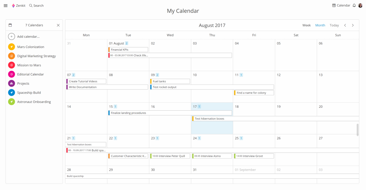 my calendar in zenkit