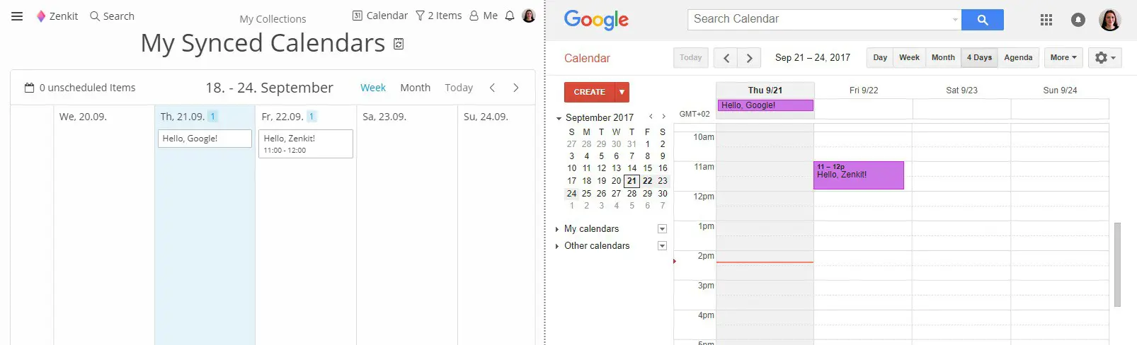 zenkit and google calendars next to each other