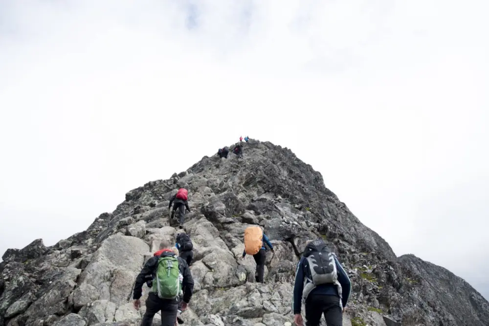 Project management team climbing mountain