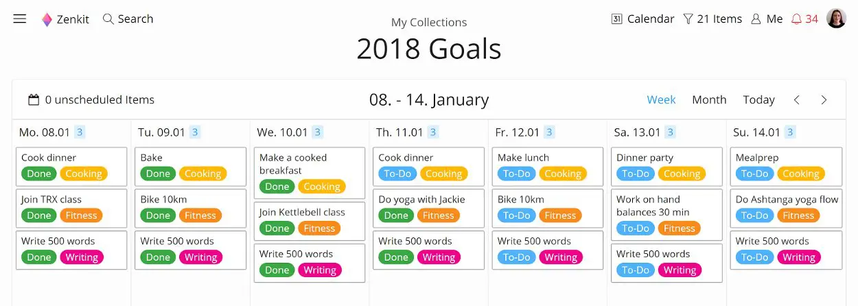 don't break the chain calendar in zenkit