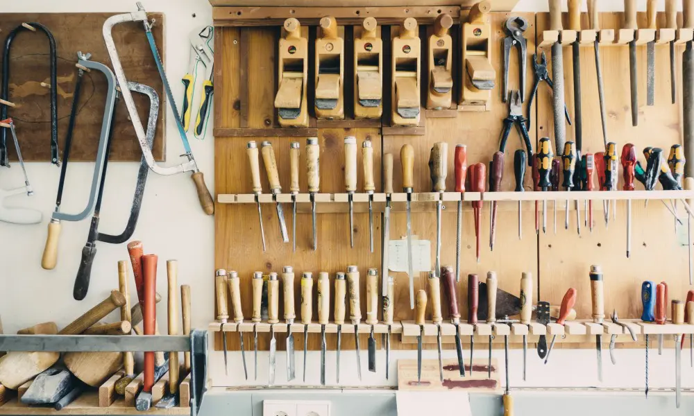workshop with lots of tools in a cabinet