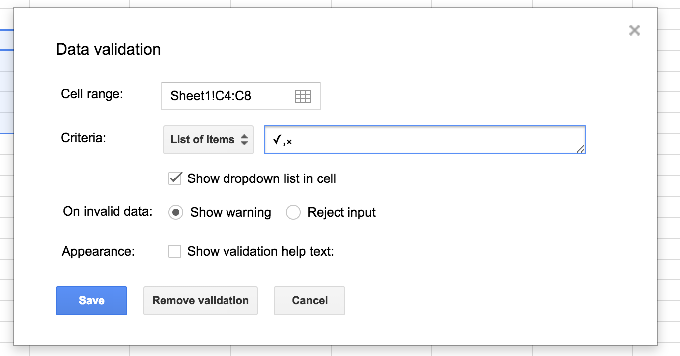 Screenshot of how to create a Google Sheets checklist
