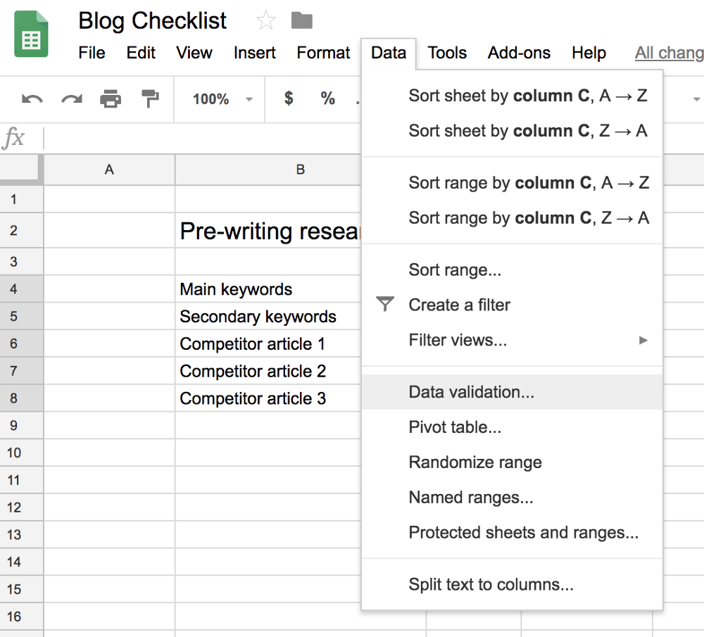 Data validation access when creating a Google Sheets checklist