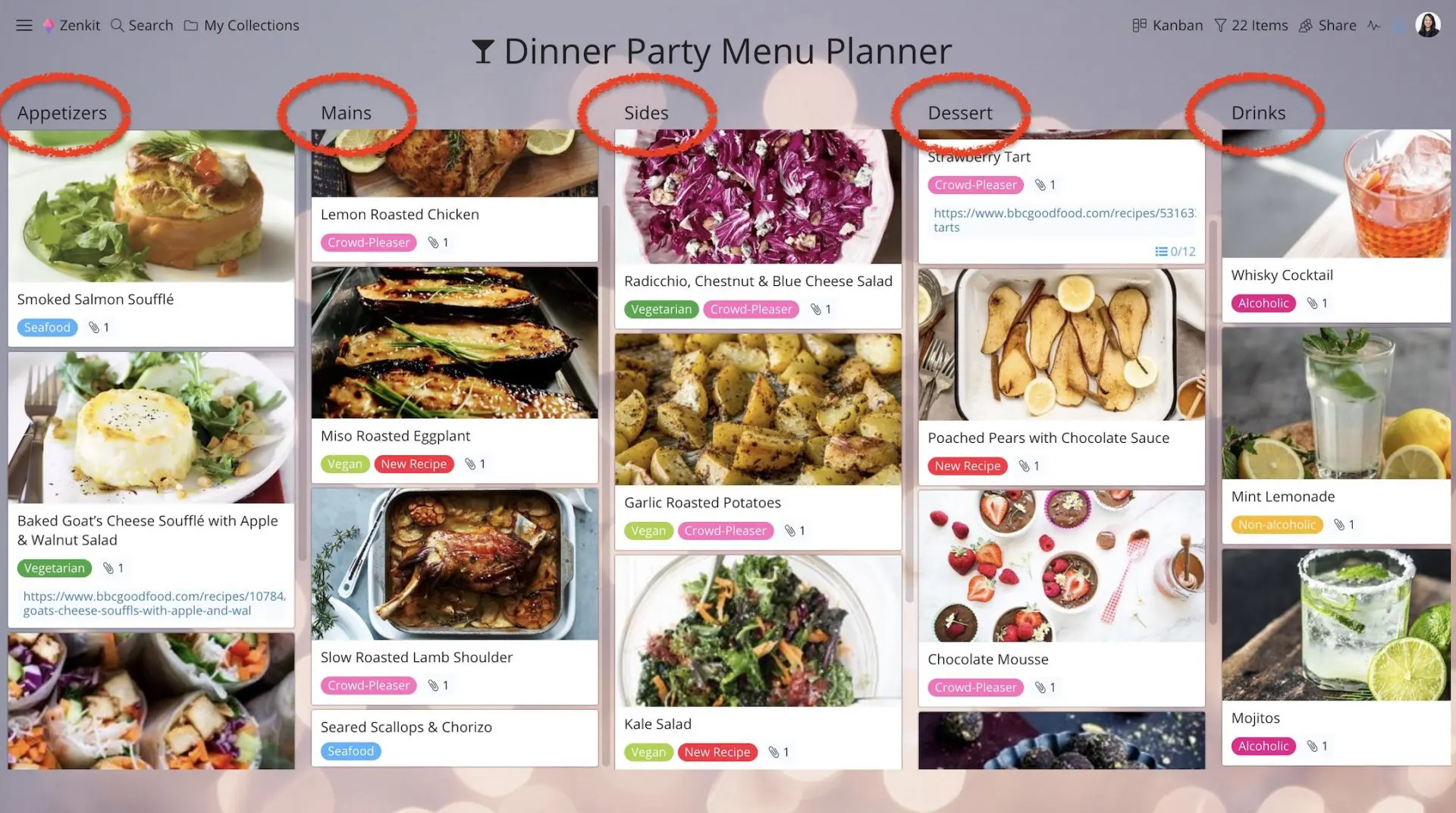 Dinner party menu planner on Zenkit's Kanban board