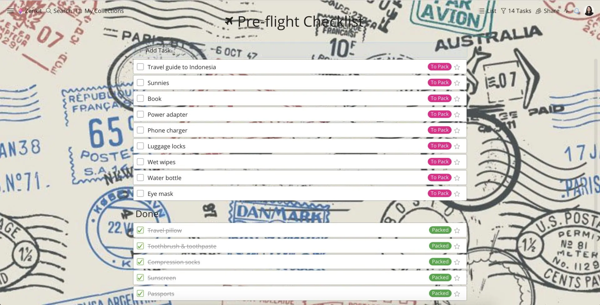 Pre-flight checklist using Zenkit's online task list