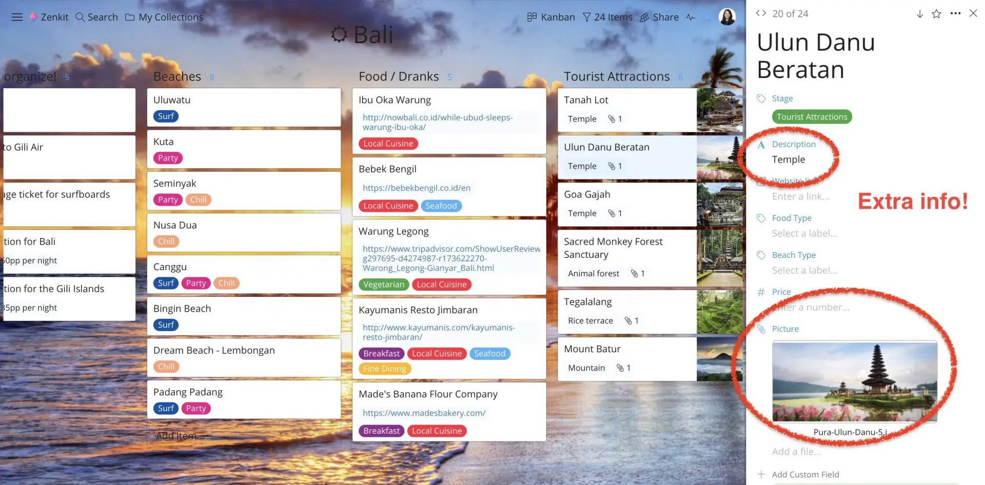 Vacation planner on Zenkit Kanban board Custom Field details