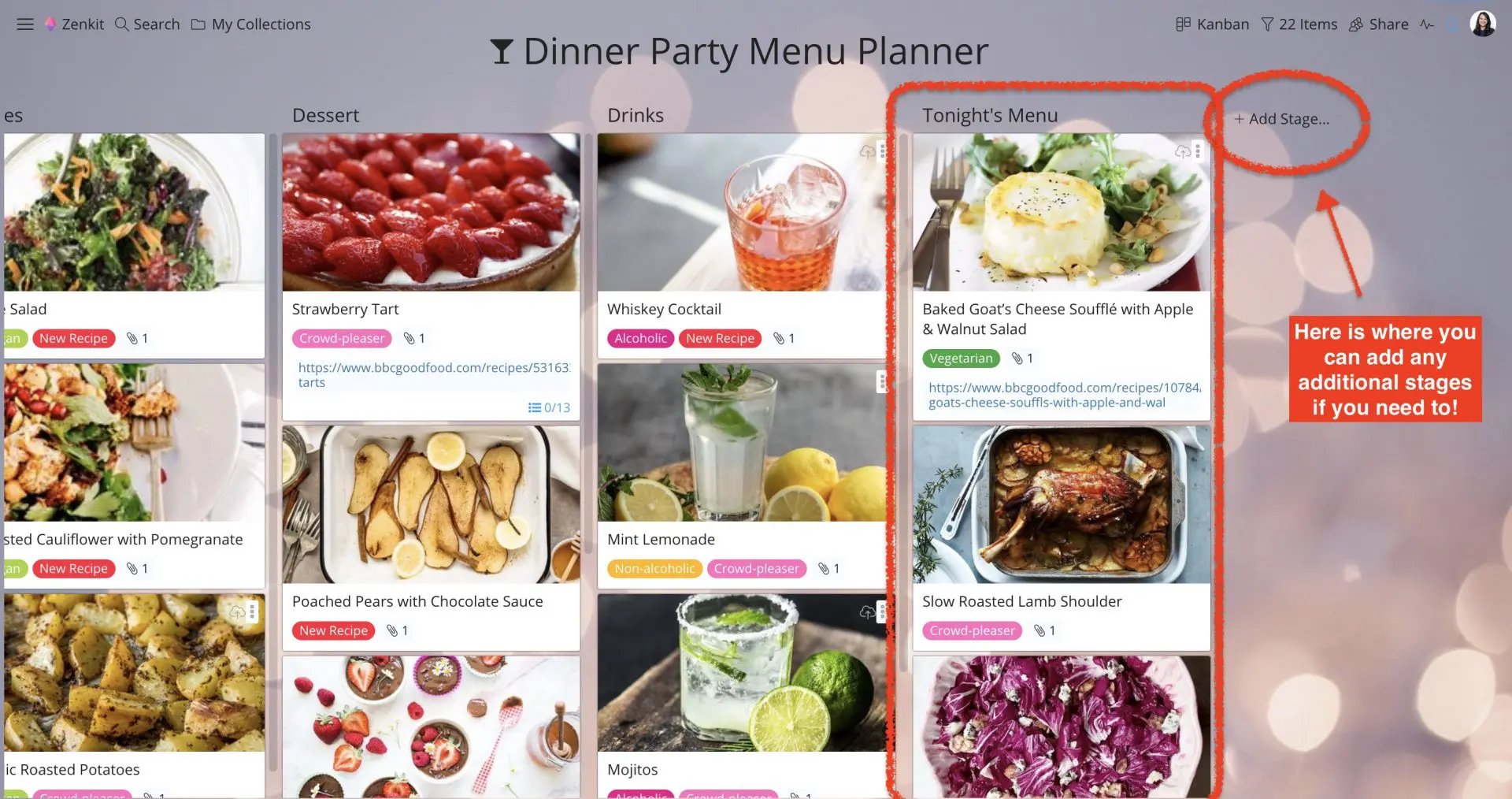 Dinner party menu planner on Zenkit Kanban board