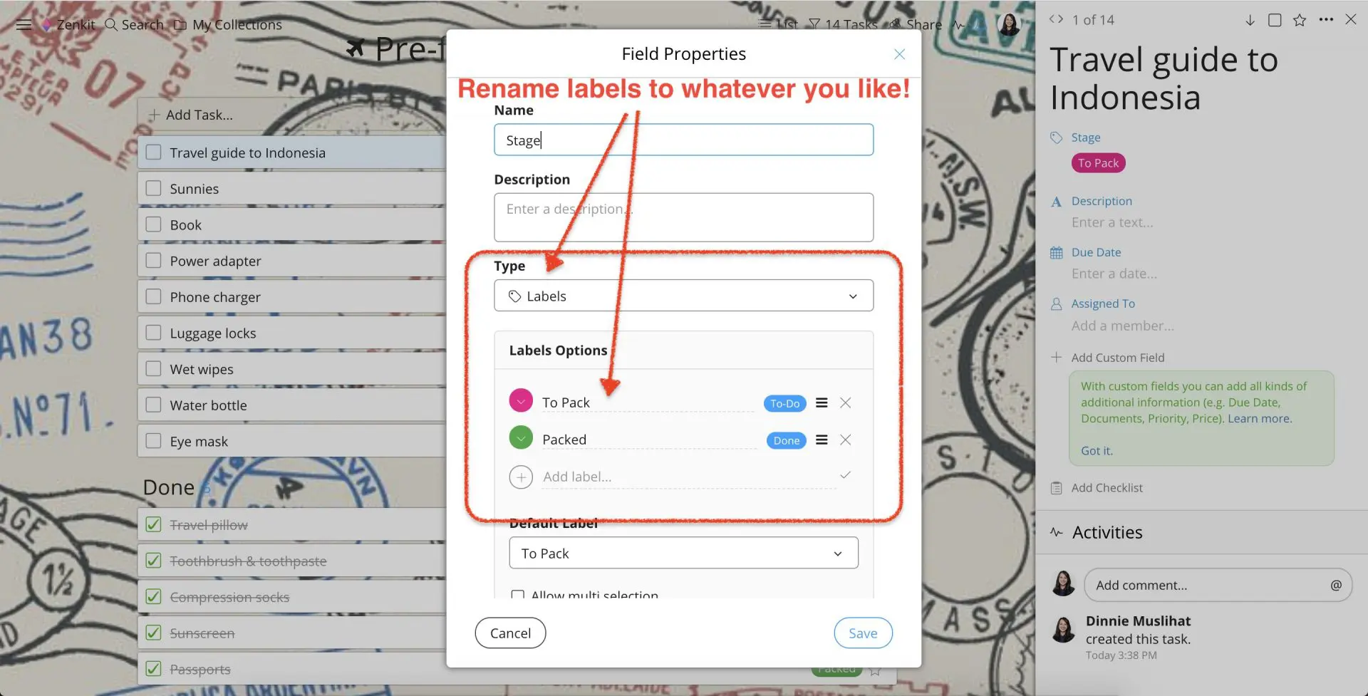 Zenkit task list Custom Field properties