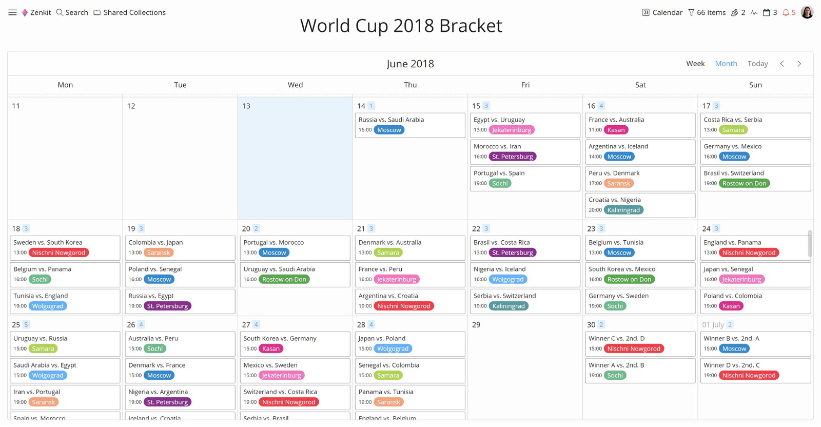 Zenkit World Cup 2018 Bracket in Calendar View