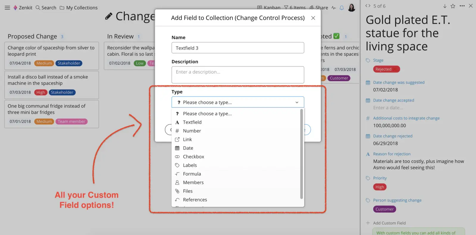 Custom field options in Zenkit change control process