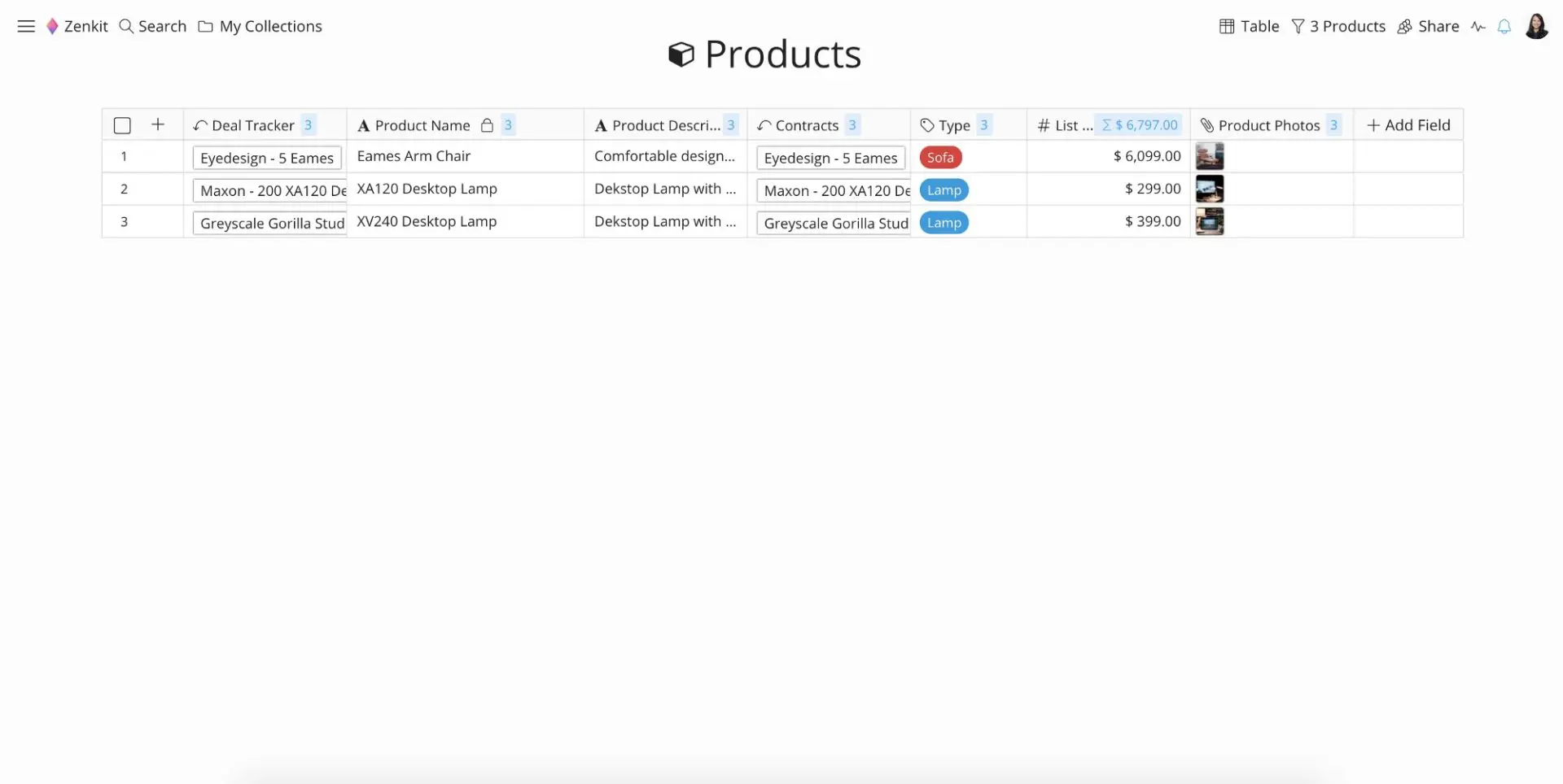 Products template in Zenkit CRM