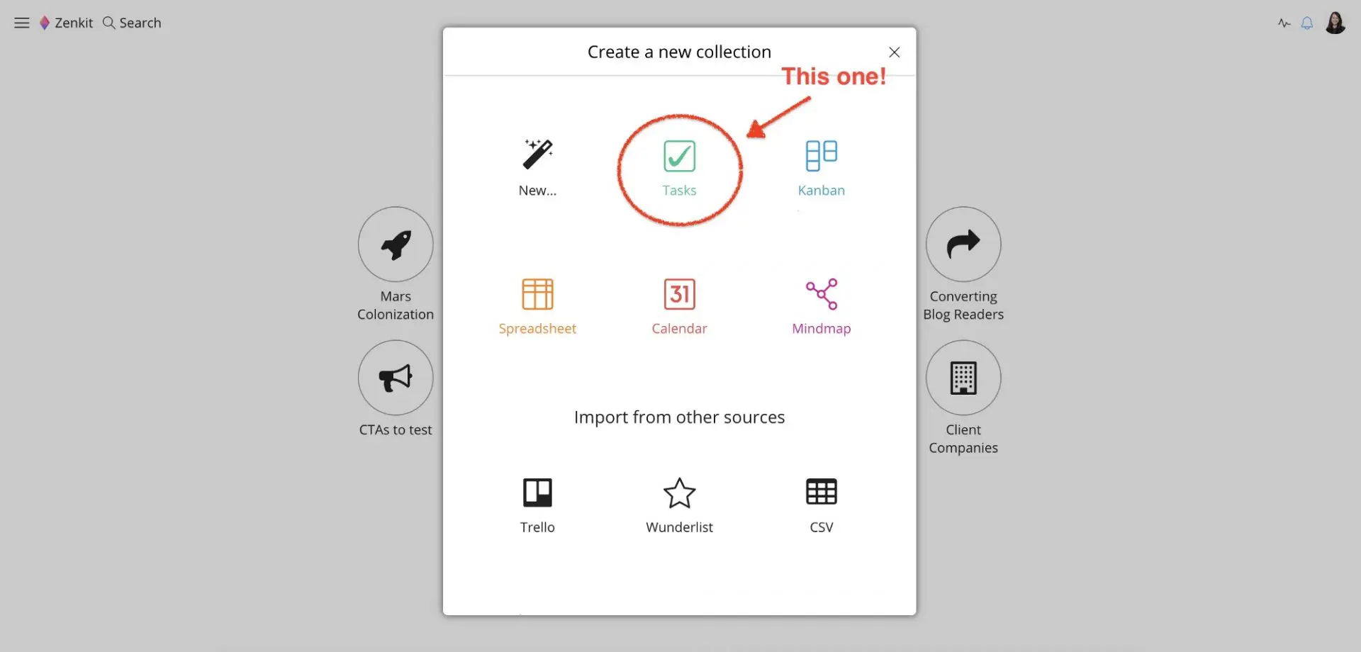 Various view options when creating a Zenkit CRM