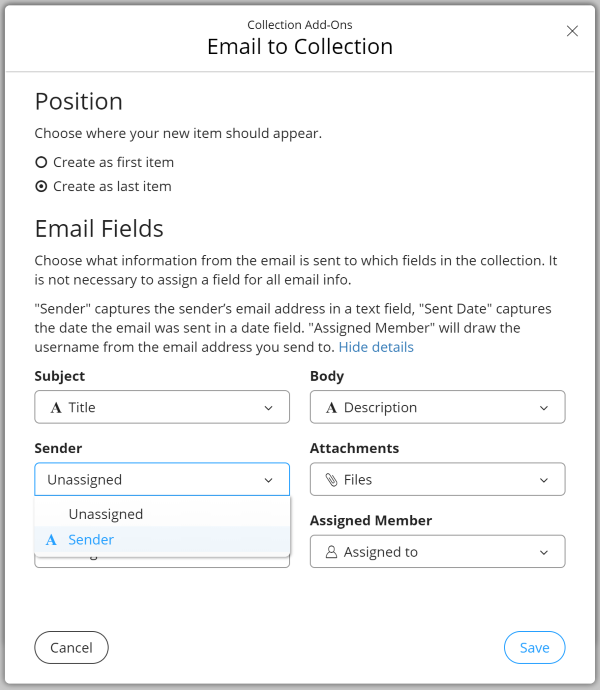 zenkit email to collection field settings