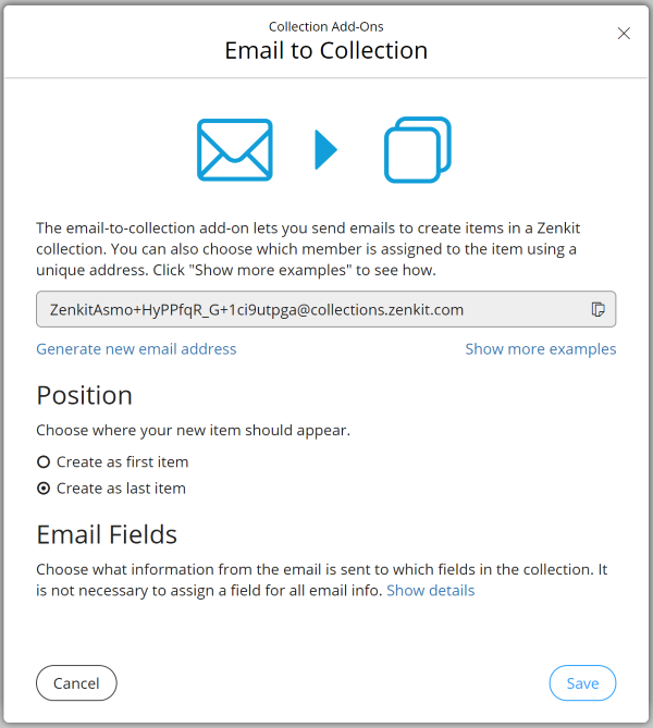 email to collection in zenkit unique email address