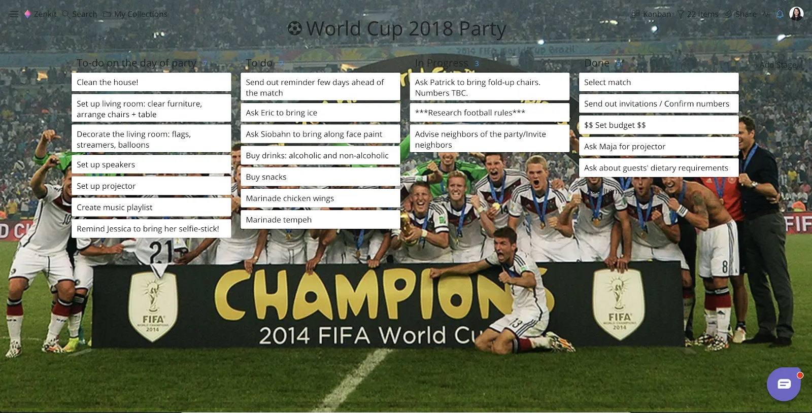 Zenkit Kanban World Cup party planner