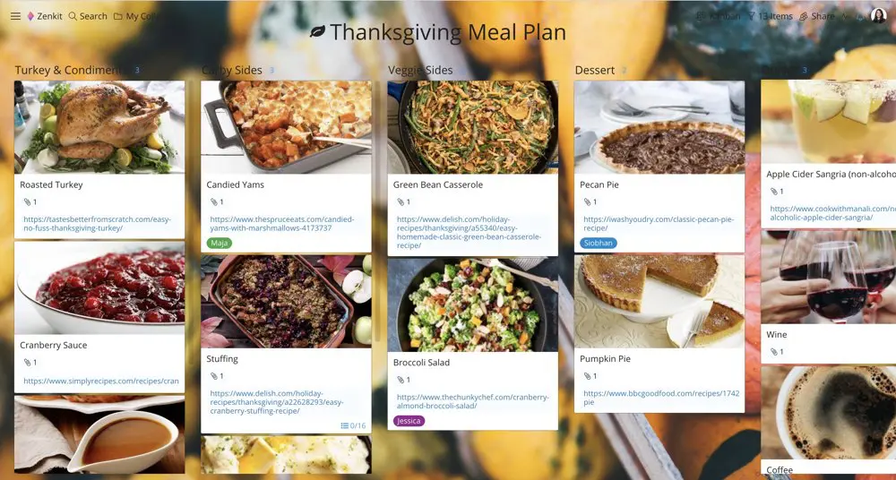 A Thanksgiving meal plan in Zenkit