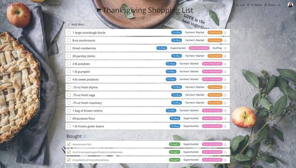Shopping list in Zenkit