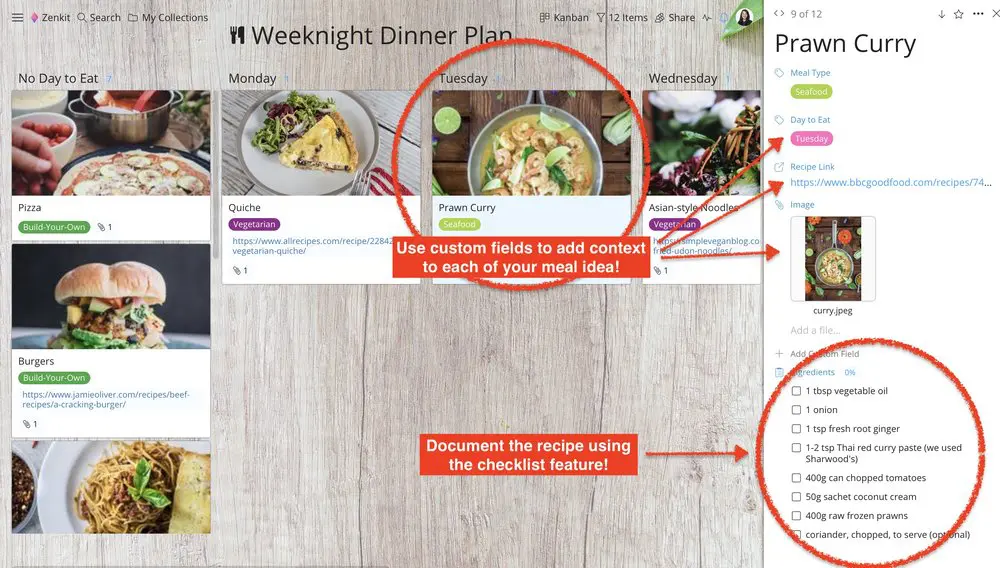 How custom fields work on a Zenkit meal planner
