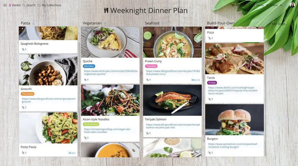 Weeknight dinner plan in Zenkit