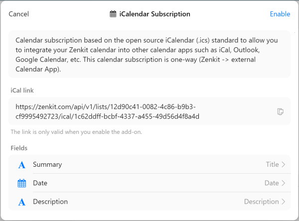 zenkit icalendar subscription