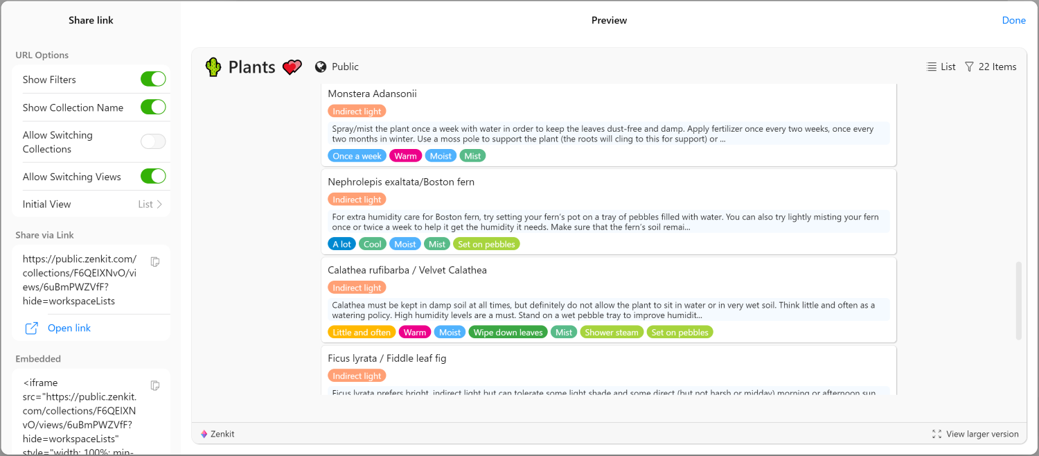 zenkit published collection settings