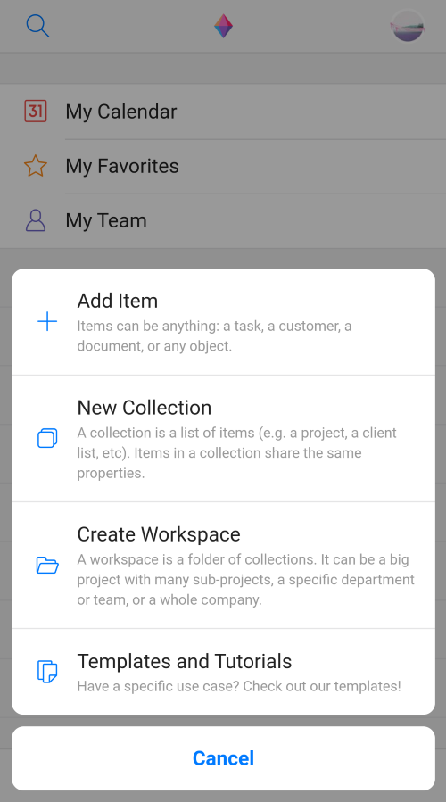 Add collections and workspaces android ios app