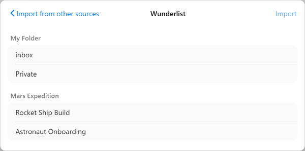 Screenshot Wunderlisten in Zenkit importieren