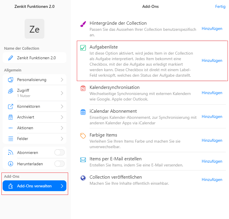 Screenshot Aufgabenliste aktivieren Zenkit