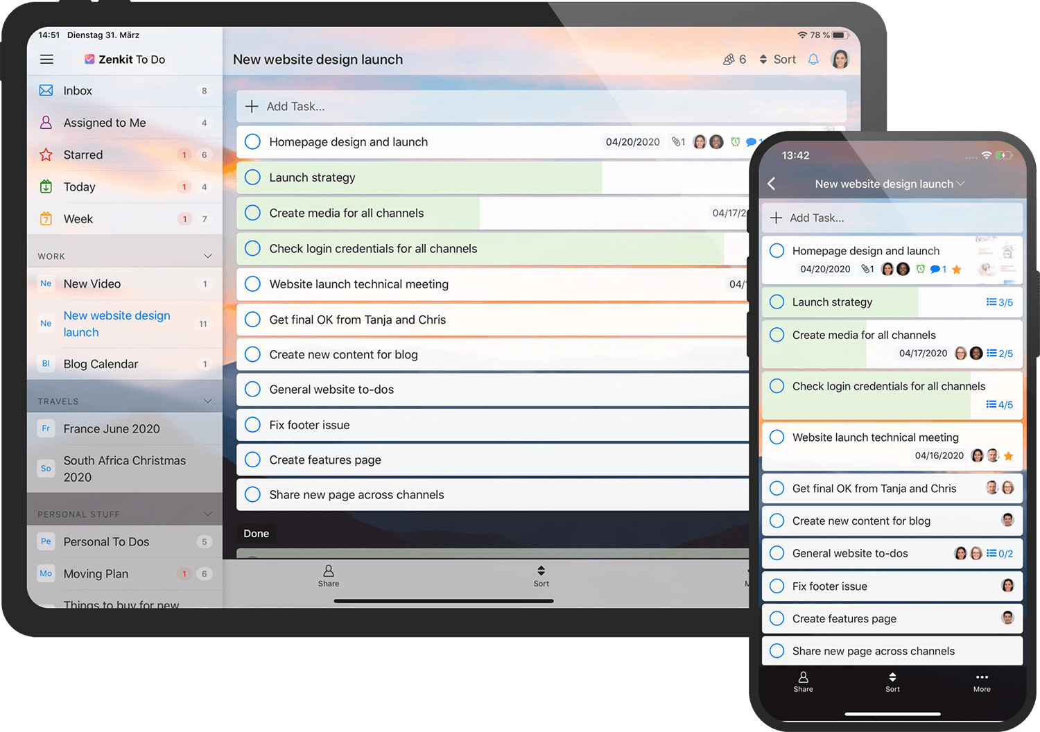 Zenkit To Do on tablet and mobile