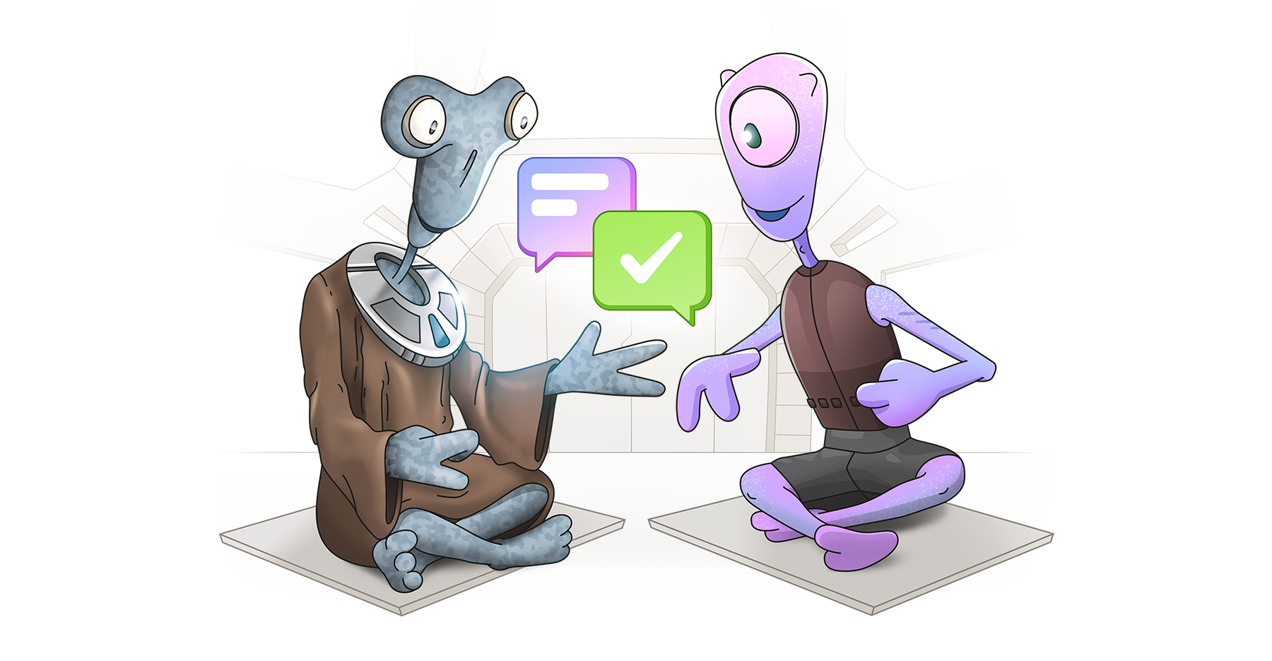Zenchat two aliens discussing a task