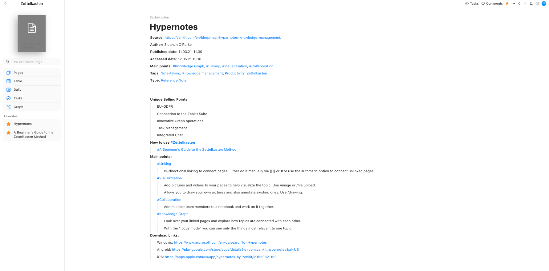 Hypernotes Zettelkasten reference