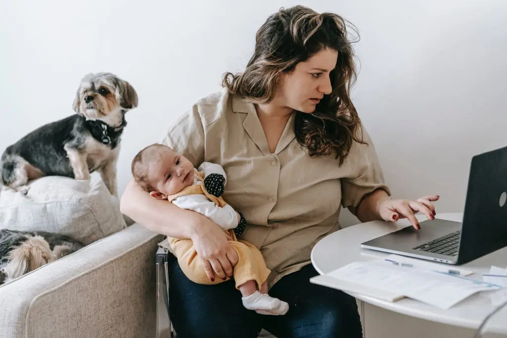 mother working on laptop at home holding baby with pet dog on the couch