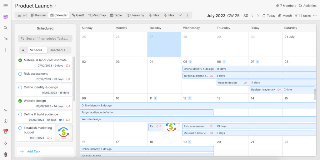 Project calendar view