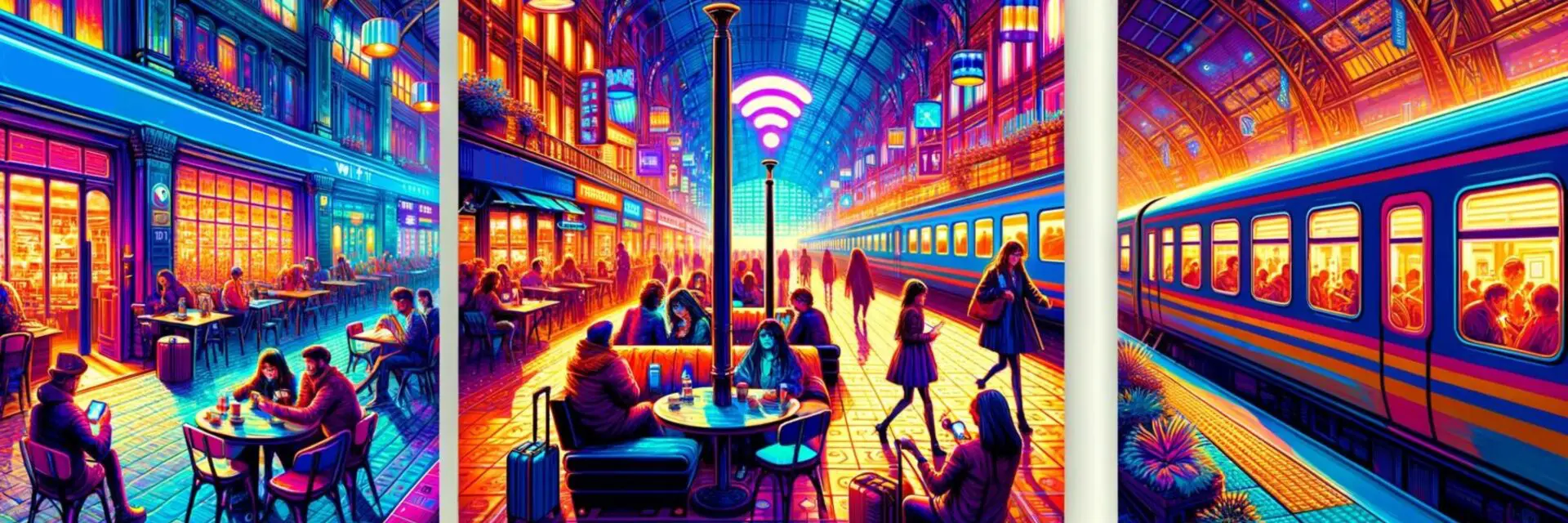 Symbolik, die öffentliche Räume (Café, Zug, Flughafen) darstellt, mit Wi-Fi-Symbolen, die die Verfügbarkeit von öffentlichem WLAN anzeigen.