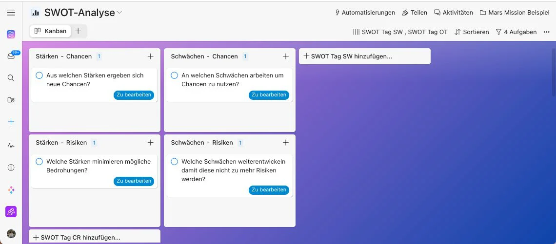 SWOT-Analyse in der Zenkit Projektmanagement-Software: Kanban-Ansicht mit den Kategorien Stärken, Schwächen, Chancen und Risiken auf lila-blauem Hintergrund. Aufgaben zur Analyse und Optimierung von Projekten.