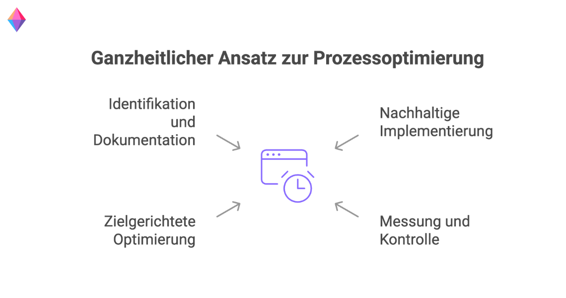 Ganzheitlicher Ansatz zur Prozessoptimierung: Identifikation, Dokumentation, zielgerichtete Optimierung, Messung und nachhaltige Implementierung.