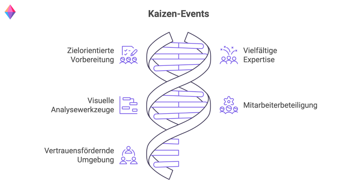 Darstellung der Elemente erfolgreicher Kaizen-Events, einschließlich zielorientierter Vorbereitung, Mitarbeitereinbindung und visueller Analysewerkzeuge.