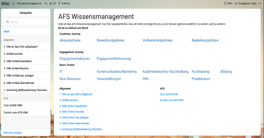 Die Wiki-Ansicht ermöglicht uns ein effizientes Wissensmanagement