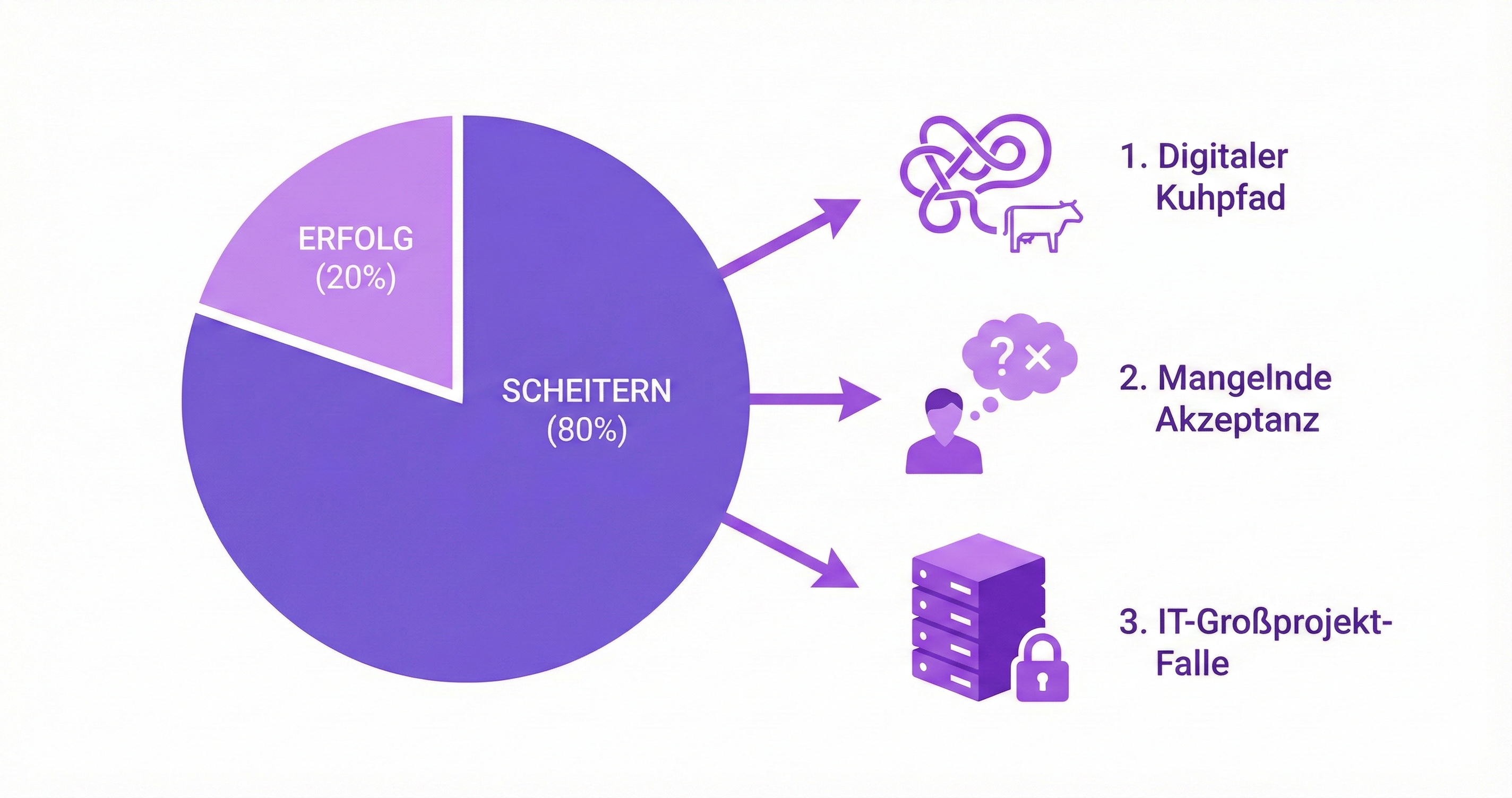 Infografik zur Erfolgsquote von Digitalisierungsprojekten: Ein lilafarbenes Kreisdiagramm visualisiert, dass 80 % der Projekte scheitern. Daneben verdeutlichen Icons die drei Hauptursachen: ein verknoteter Pfad für ineffiziente Prozesse ('Cow Paths'), ein fragender Nutzer für mangelnde Akzeptanz und ein verschlossener Server-Block für starre IT-Großprojekte.