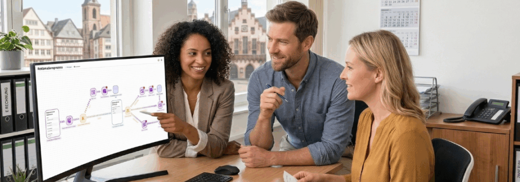 Ein Team von drei Kollegen im Büro betrachtet am Monitor einen automatisierten digitalen Workflow für die E-Rechnung.
