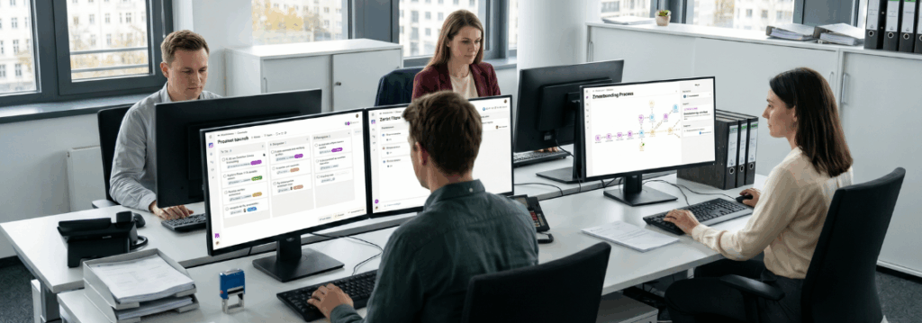 Modernes Team arbeitet im hellen Büro an der Digitalisierung der Verwaltung und nutzt die Software Zenkit Flow für effiziente, digitale Workflows auf den Bildschirmen.