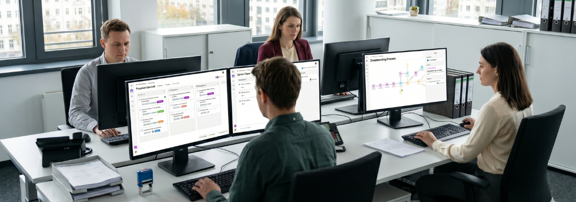 Modernes Team arbeitet im hellen Büro an der Digitalisierung der Verwaltung und nutzt die Software Zenkit Flow für effiziente, digitale Workflows auf den Bildschirmen.