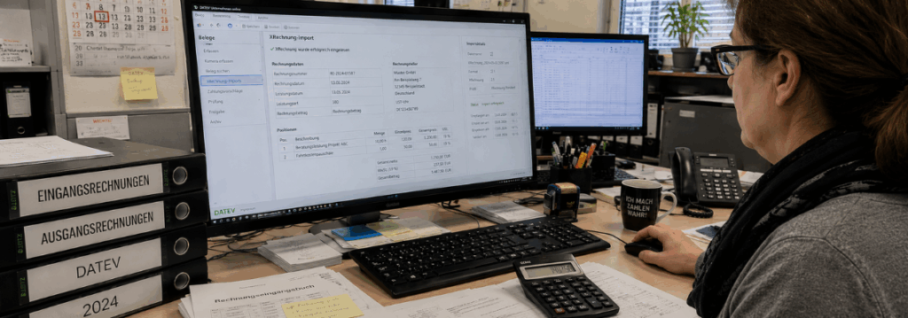 XRechnung in der Buchhaltung: Mitarbeiterin verarbeitet digitale Eingangsrechnungen mit DATEV-Software im deutschen Büro